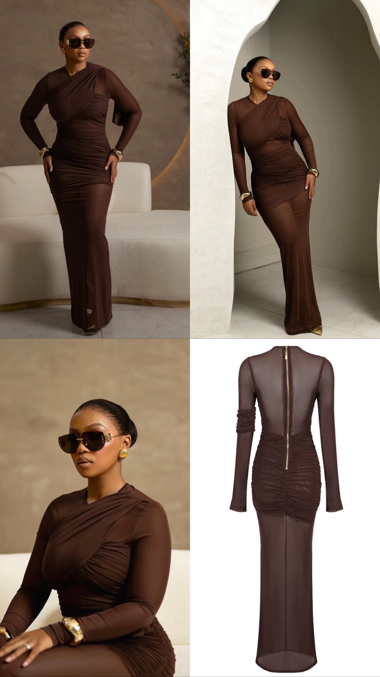Long Sleeve Mesh Insert Draped Maxi Dress Brown