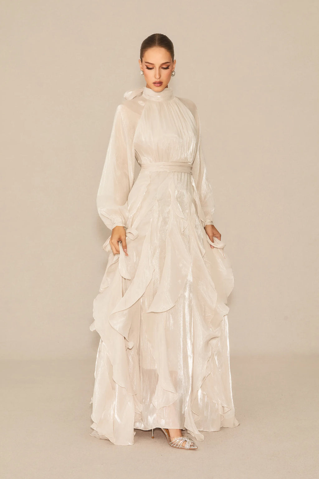 Estella Puff Sleeve Ruffle Trim Maxi Dress
