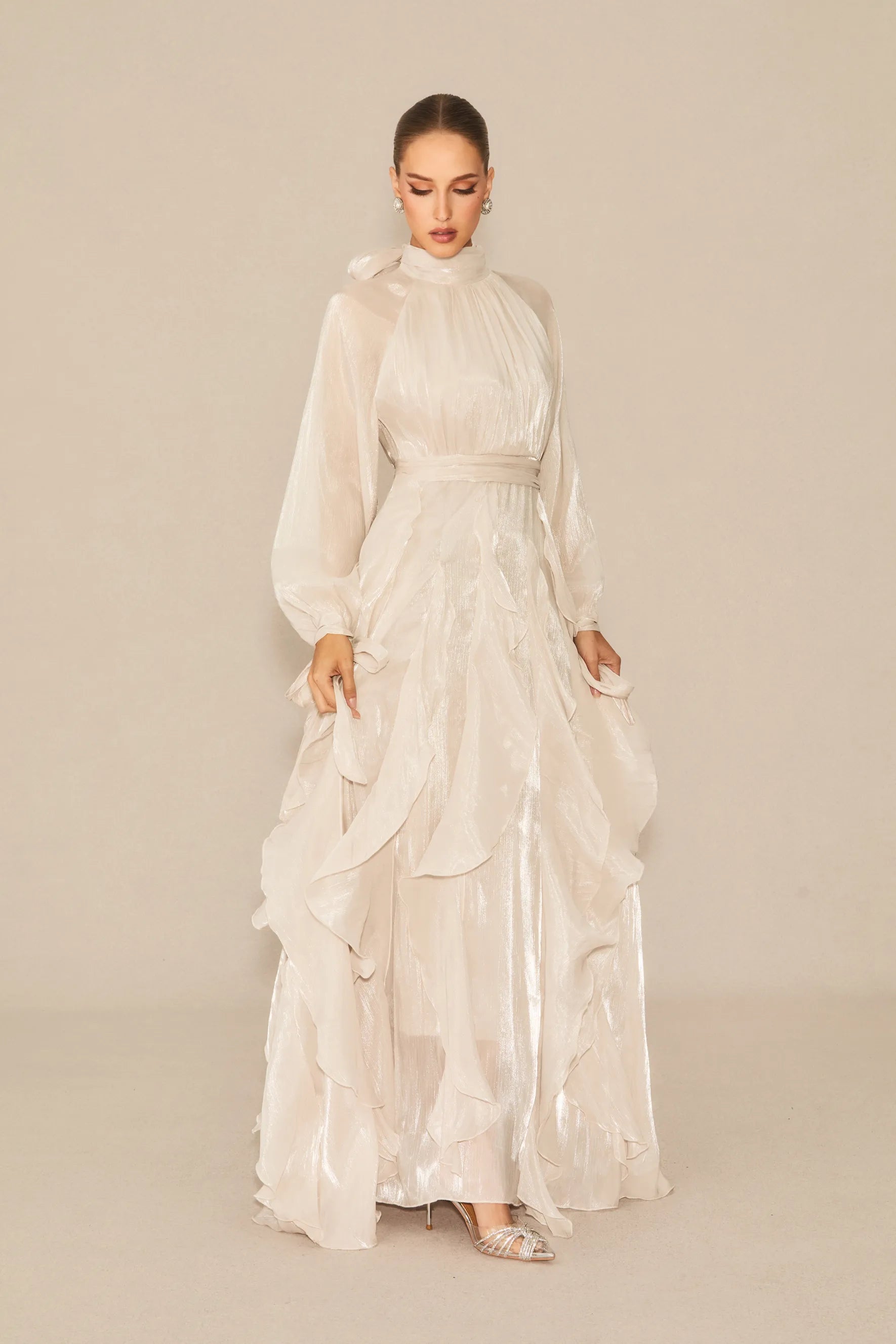 Estella Puff Sleeve Ruffle Trim Maxi Dress