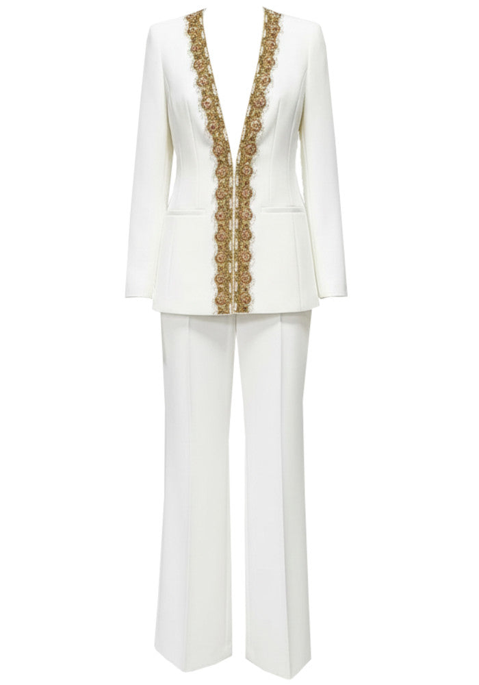 Long Sleeve Embellished Neckline Suit White