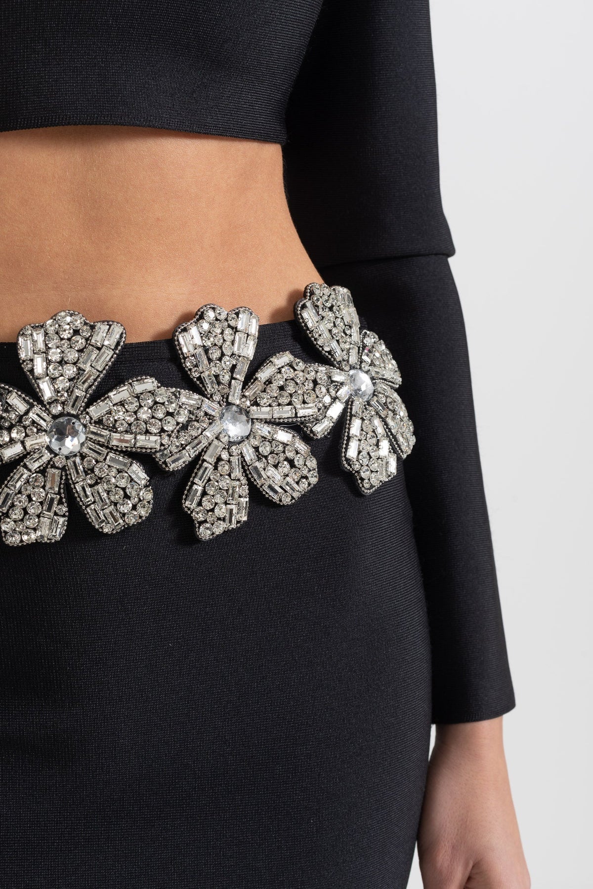 Black Diamond Flower Accent 2 Piece Set With Long Sleeves Top And Maxi Skirt