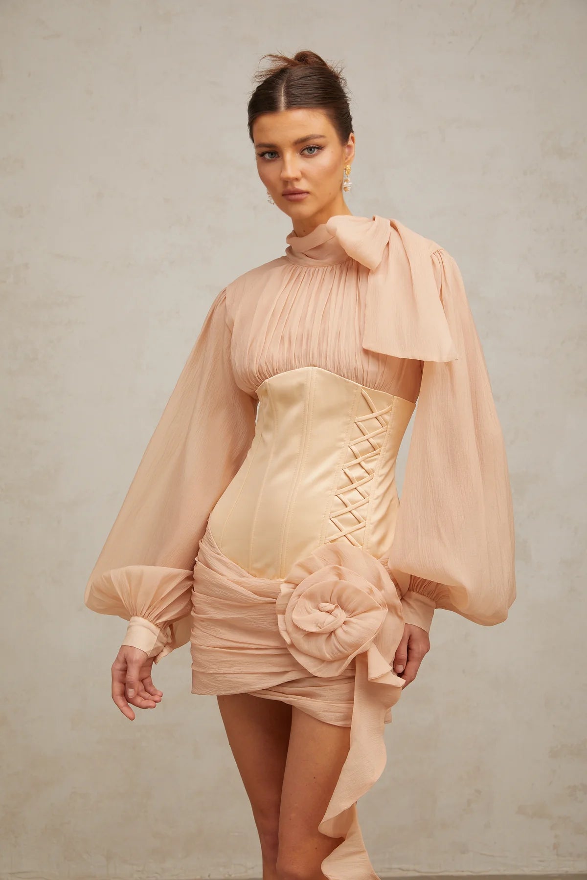 Téa cinched-waist floral-appliqué panelled mini dress