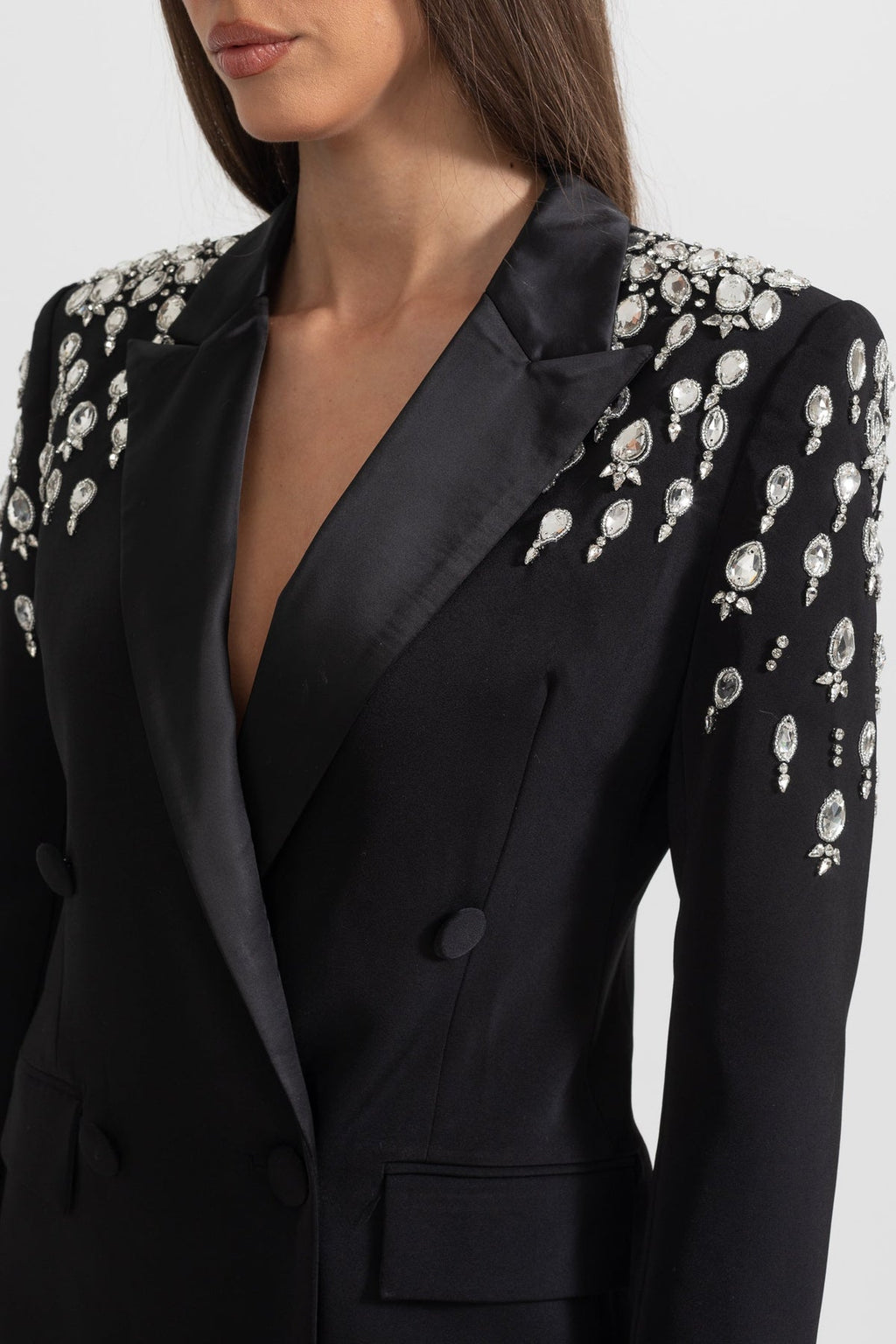 ELEGANT BLAZER WITH DIAMOND EMBELLISHED SHOULDERS - BLACK