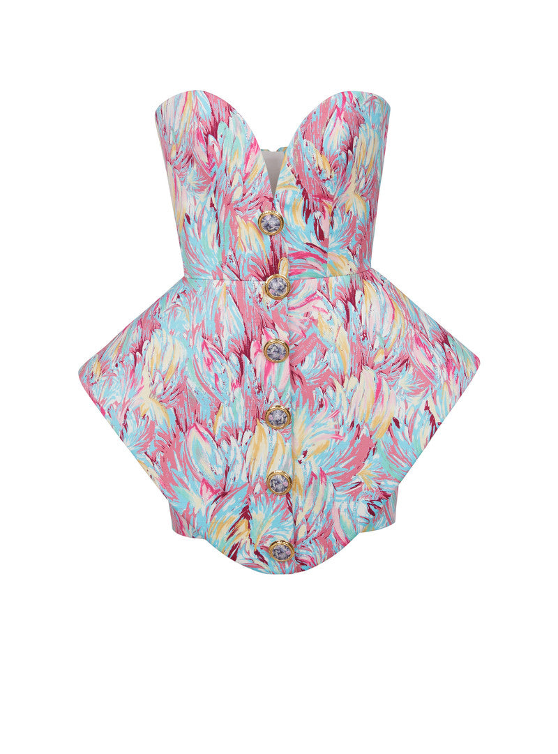 Peplum bustier dress with Feather print