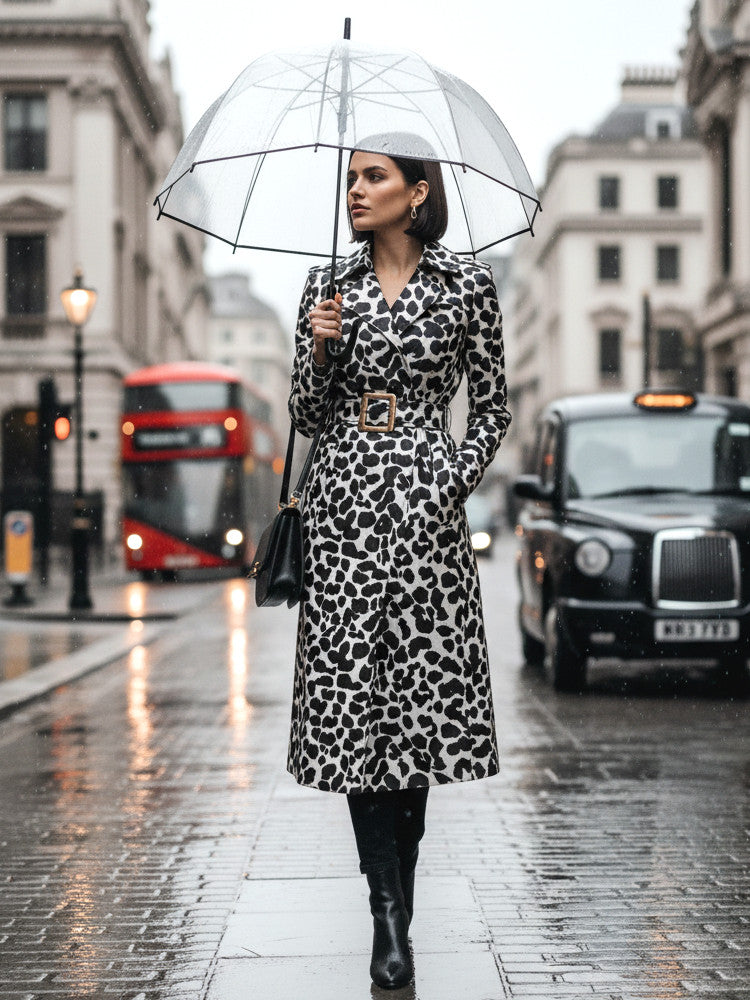 Animal Print Trench Coat Black White