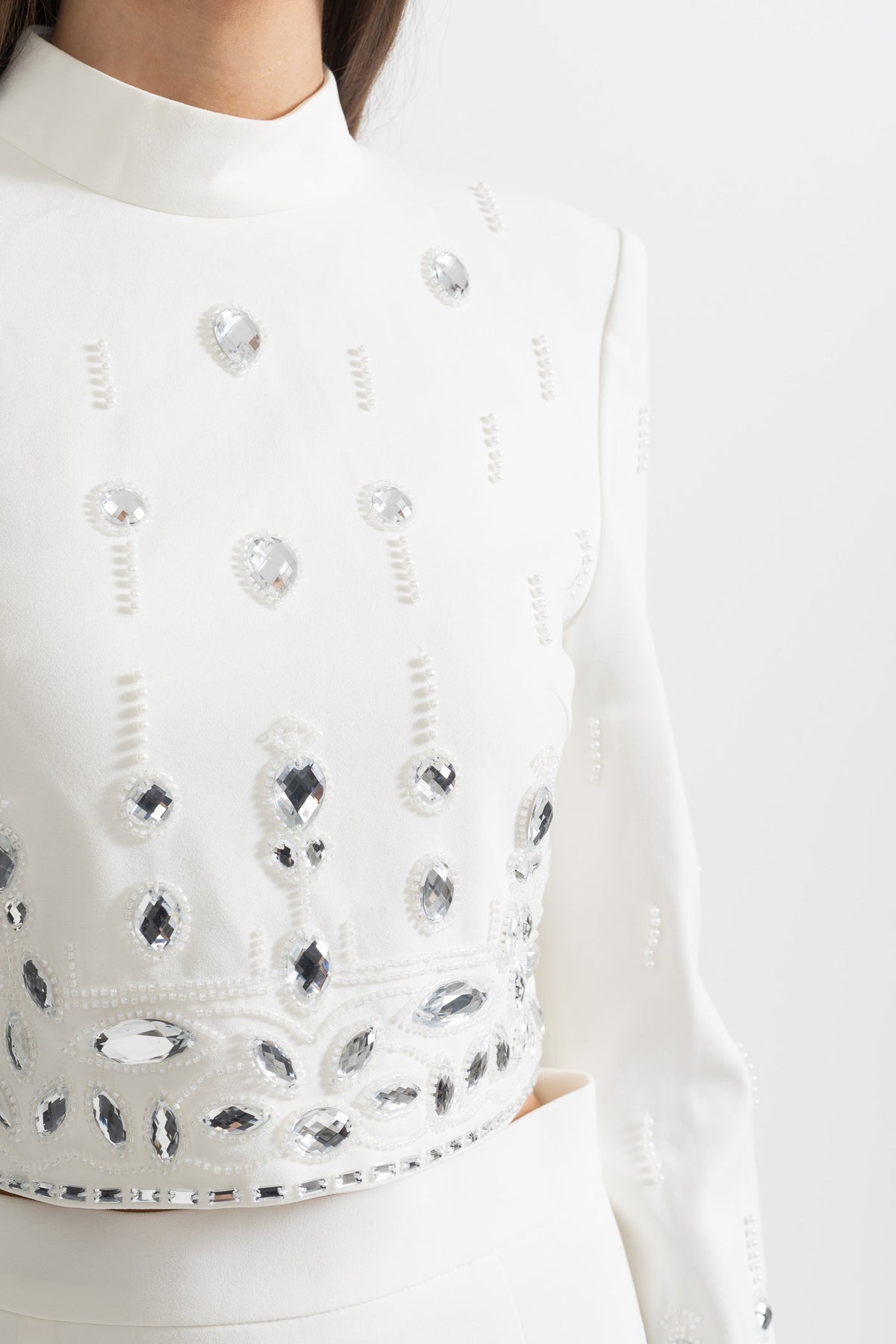 Beaded Biamond Cropped Top And skirt Suit