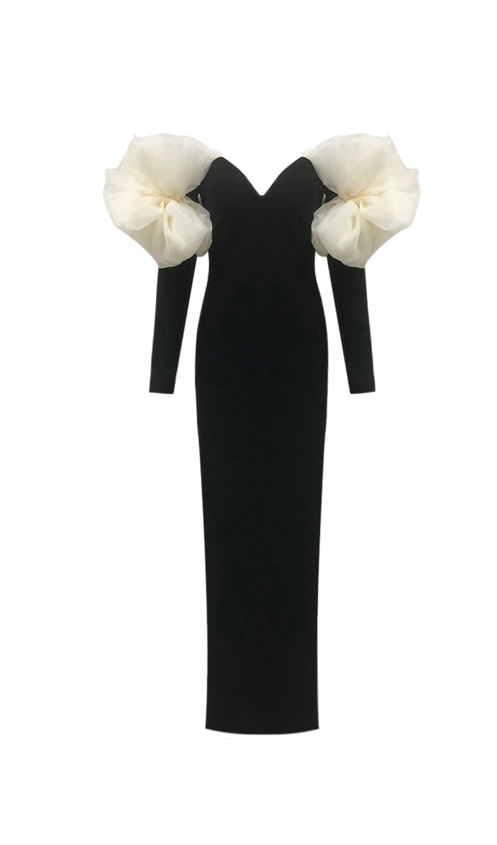 BLACK CREAM ROSE INSERT MIDI ELEGANT BANDAGE DRESS