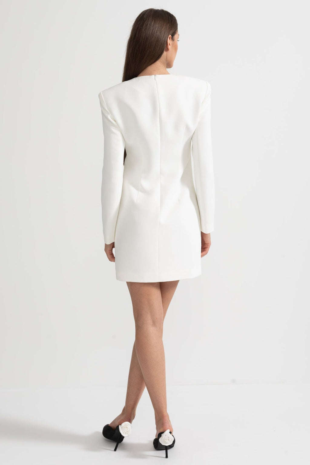 LONG SLEEVED MINI DRESS WITH CONTRASTING FLORAL EMBROIDERY - WHITE