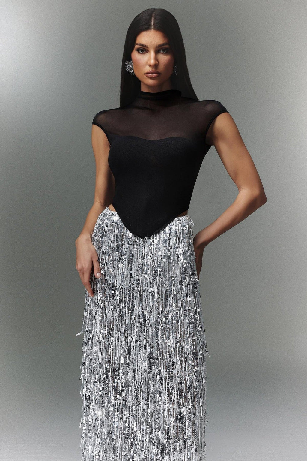 Kaaya | 2 Piece Set Corset Top Maxi Fringe Sequin Skirt