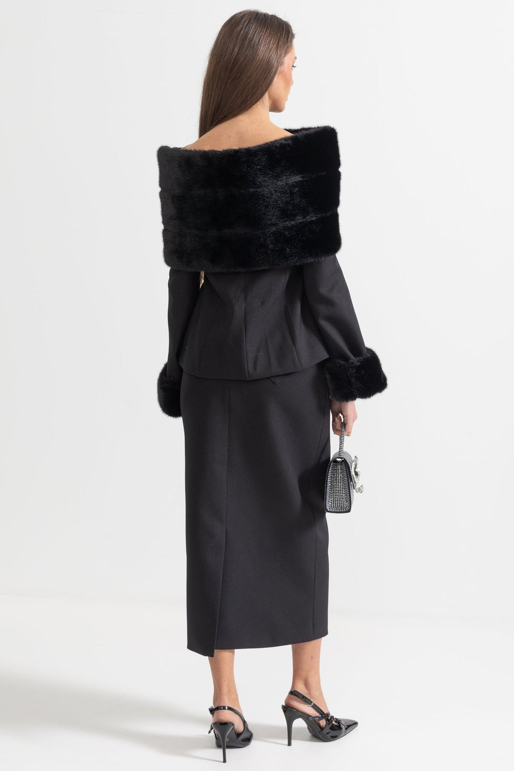 Two-Piece Ensemble With Faux Fur Shawl, Cuffs And Midi Skirt - Black