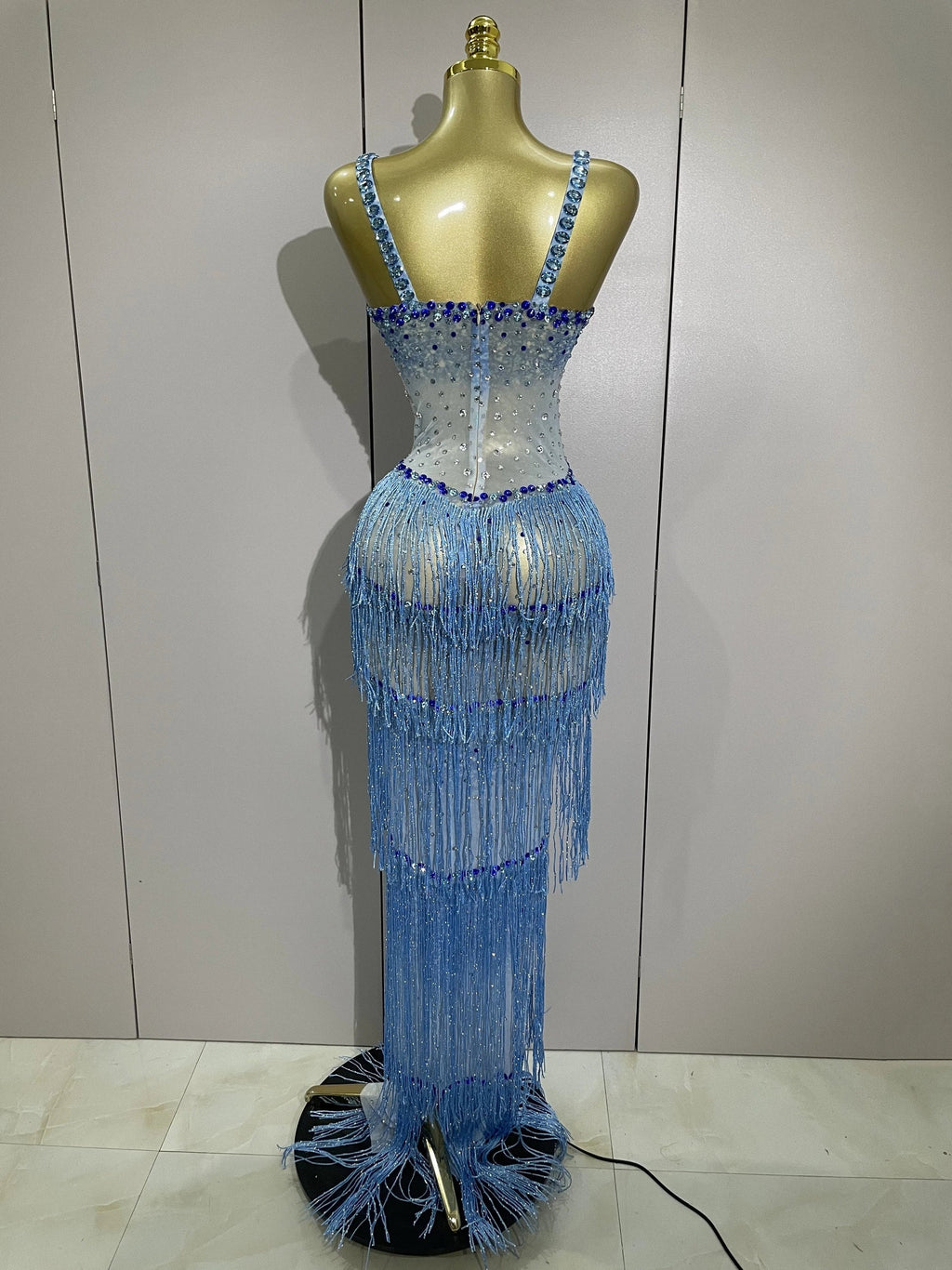 Sparkly Rhinestones Tassel sexy Mesh Slip Long Dress