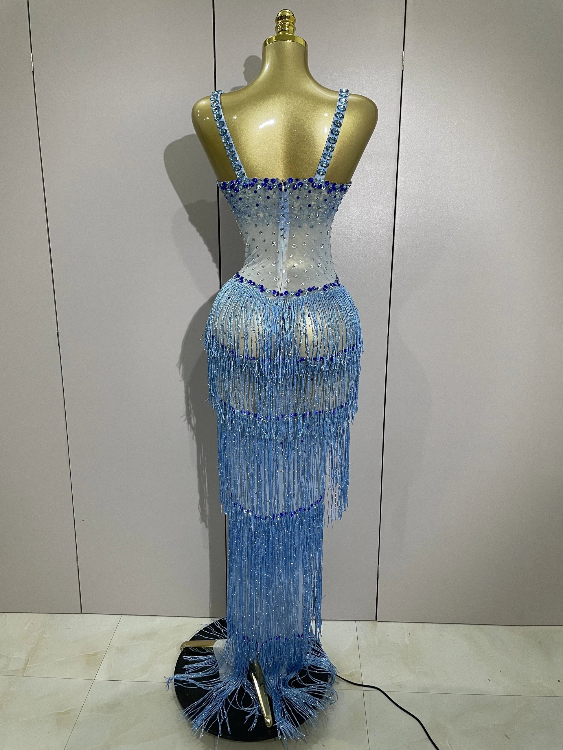 Sparkly Rhinestones Tassel sexy Mesh Slip Long Dress