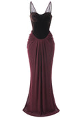 Velvet Bustier Draped Maxi Dress Brown