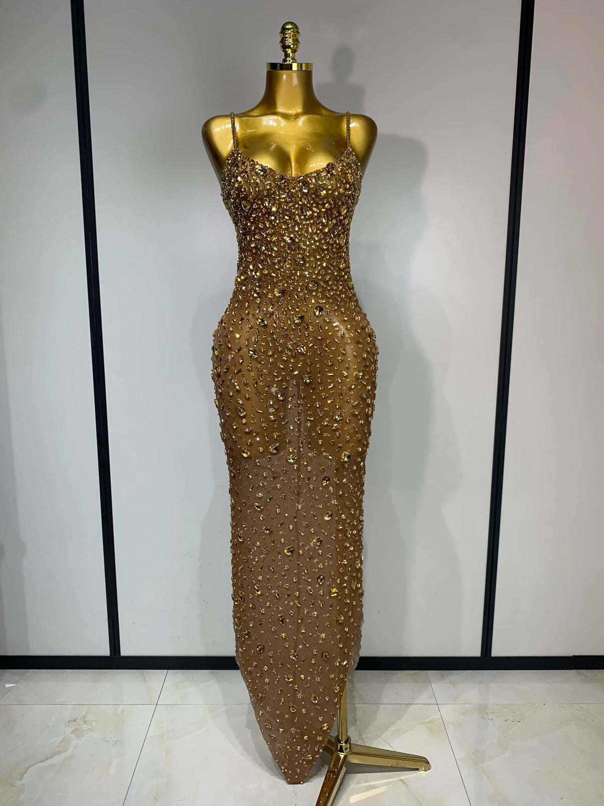 Sexy Sleeveless Rhinestone Bodycon Maxi Long Dress
