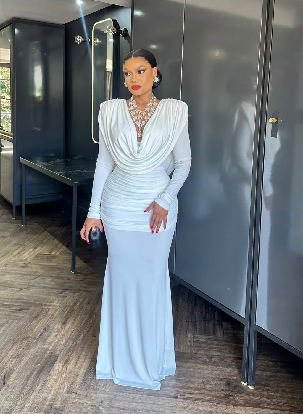 Cowl Neck Long Sleeve Draped Gown