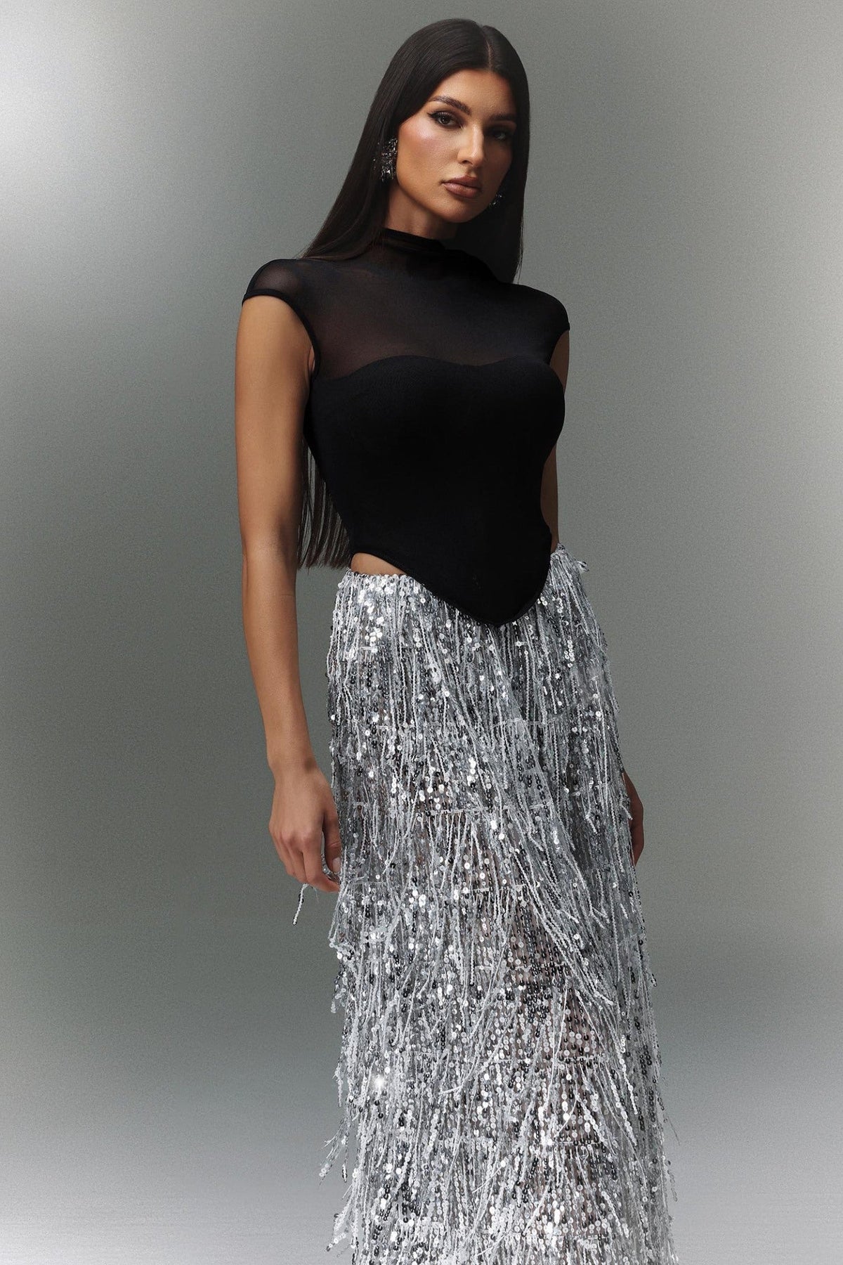 Kaaya | 2 Piece Set Corset Top Maxi Fringe Sequin Skirt