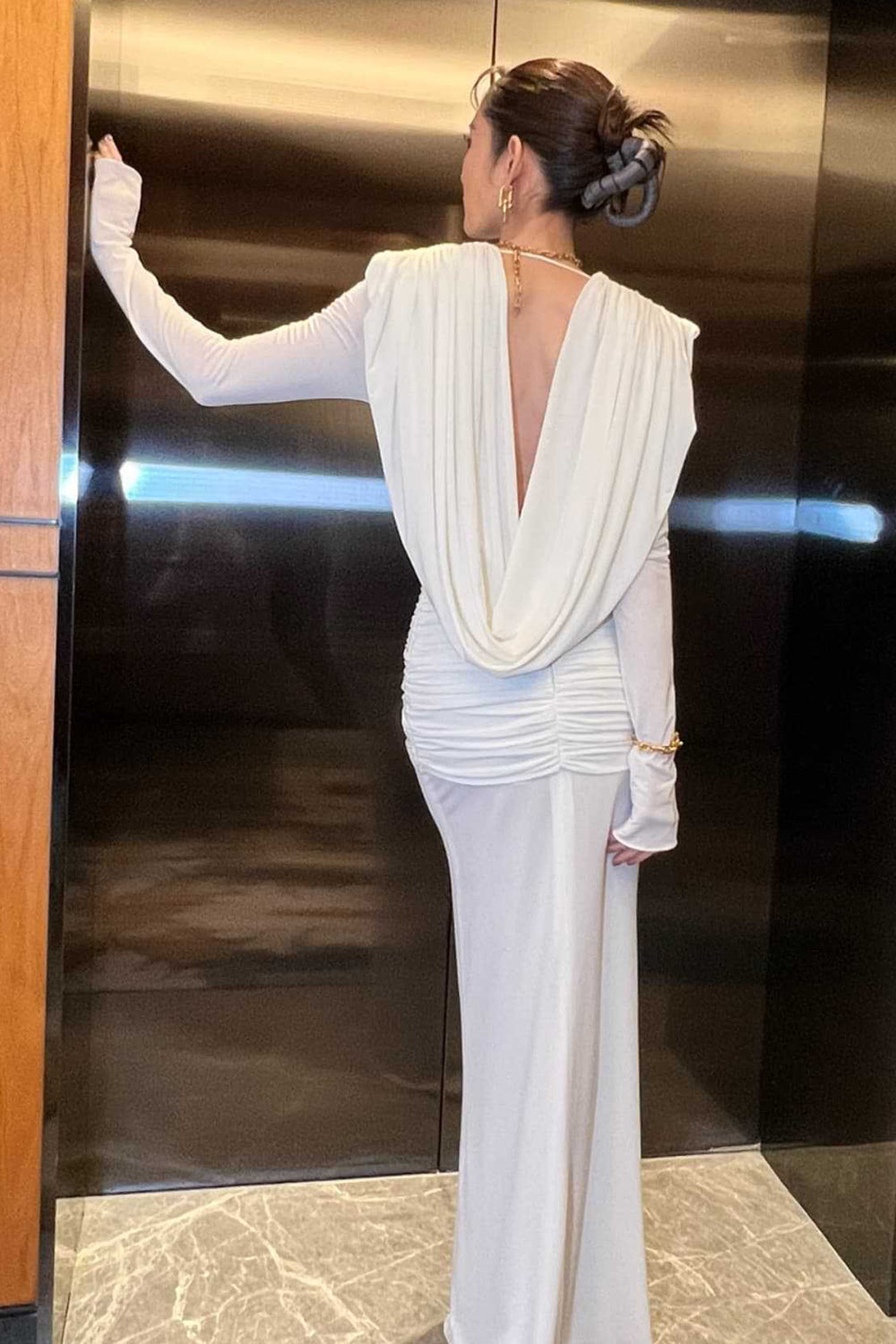 Cowl Neck Long Sleeve Draped Gown
