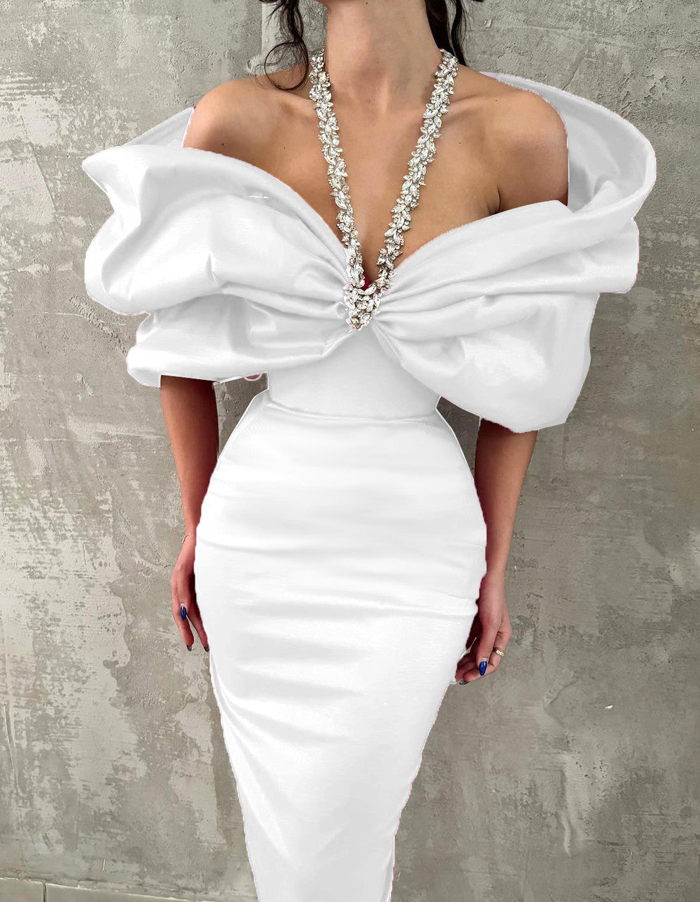 Halter Crystal Draped Bardot Maxi Dress White