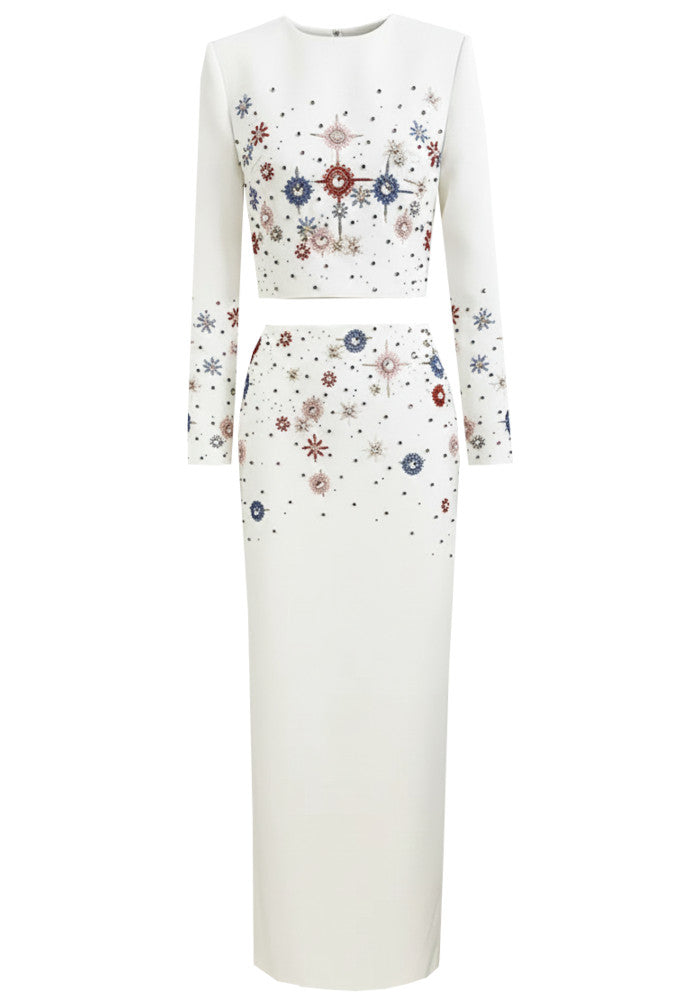 Long Sleeve Embellished Two Piece Maxi Dress White