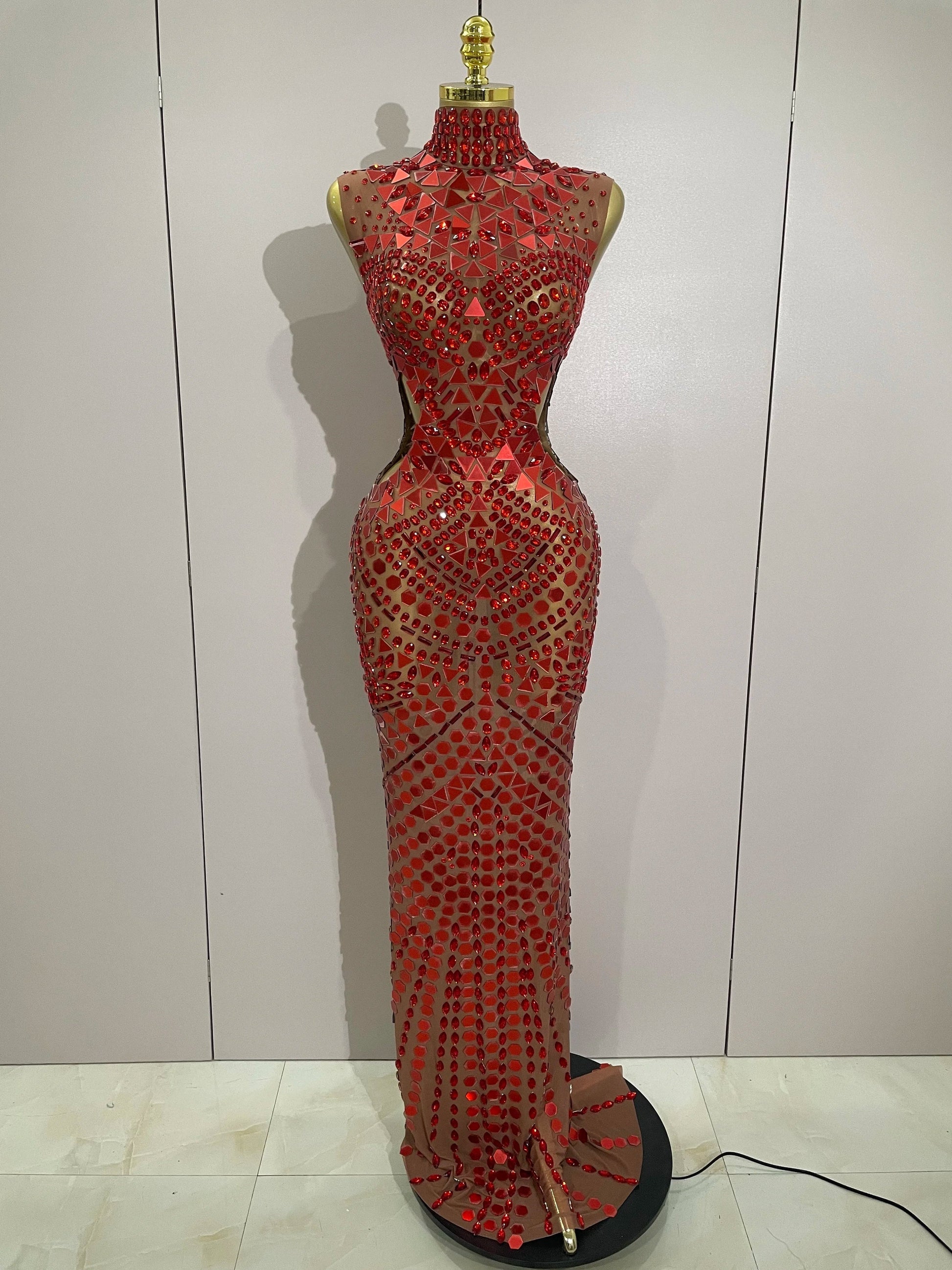 Luxury Shiny Mirror Rhinestones Hollowed-out Long Dress