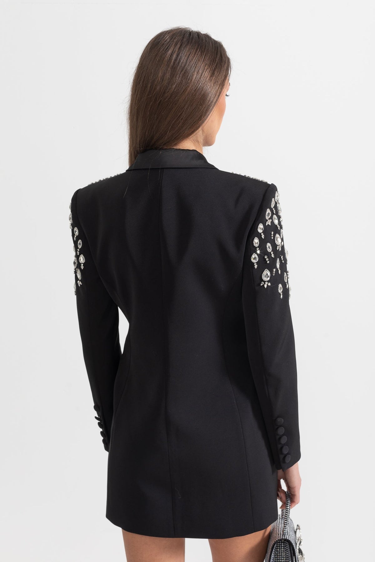 ELEGANT BLAZER WITH DIAMOND EMBELLISHED SHOULDERS - BLACK