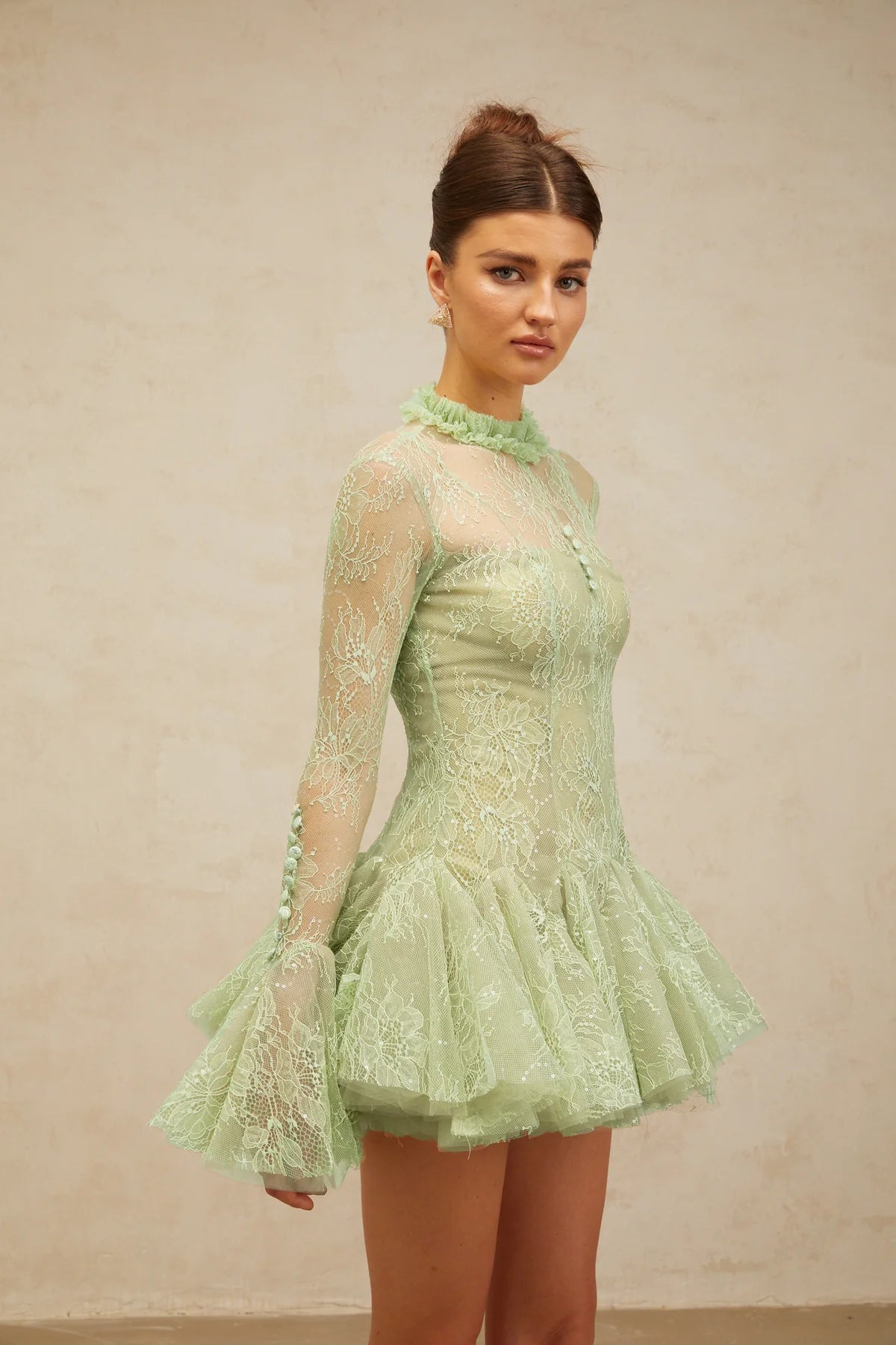 Mélodie green embroidered flared mini dress