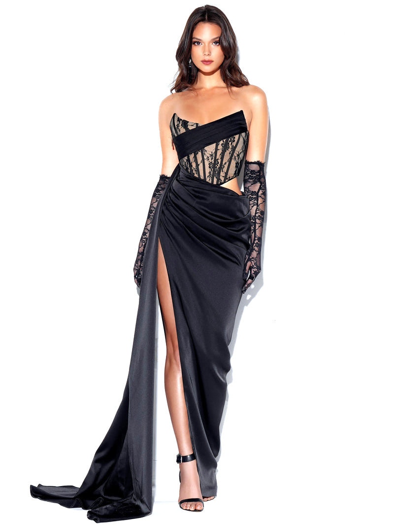 Strapless Lace Corset Draped Maxi Dress Black