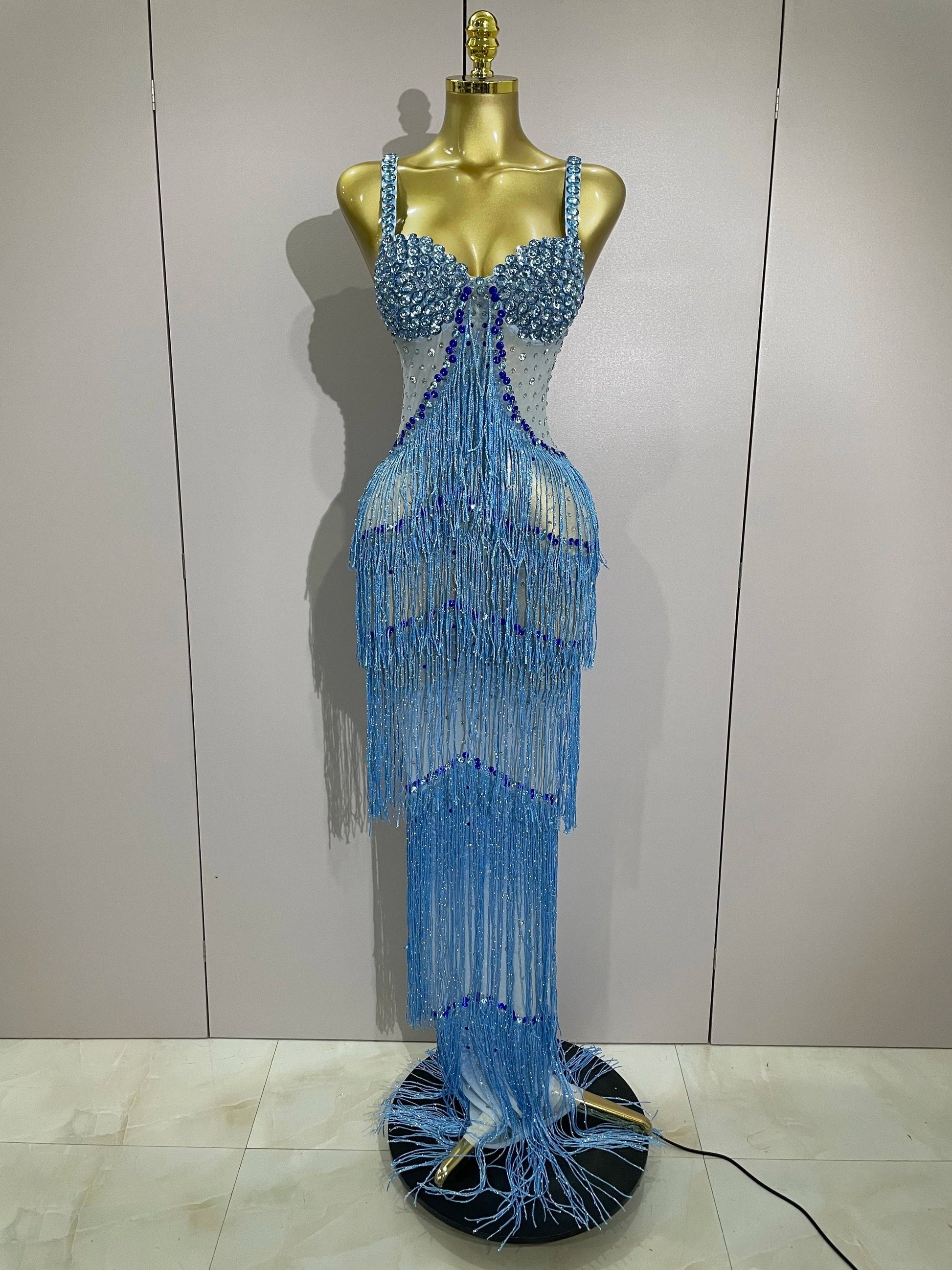 Sparkly Rhinestones Tassel sexy Mesh Slip Long Dress