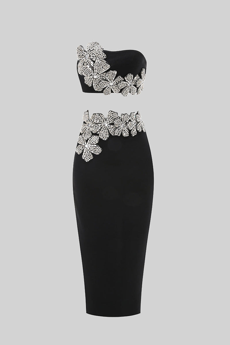 DIAMOND FLOWER ACCENT 2 PIECE SET WITH STRAPLESS TOP AND MAXI SKIRT - BLACK
