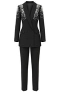 Long Sleeve Crystal Shoulders Suit Black