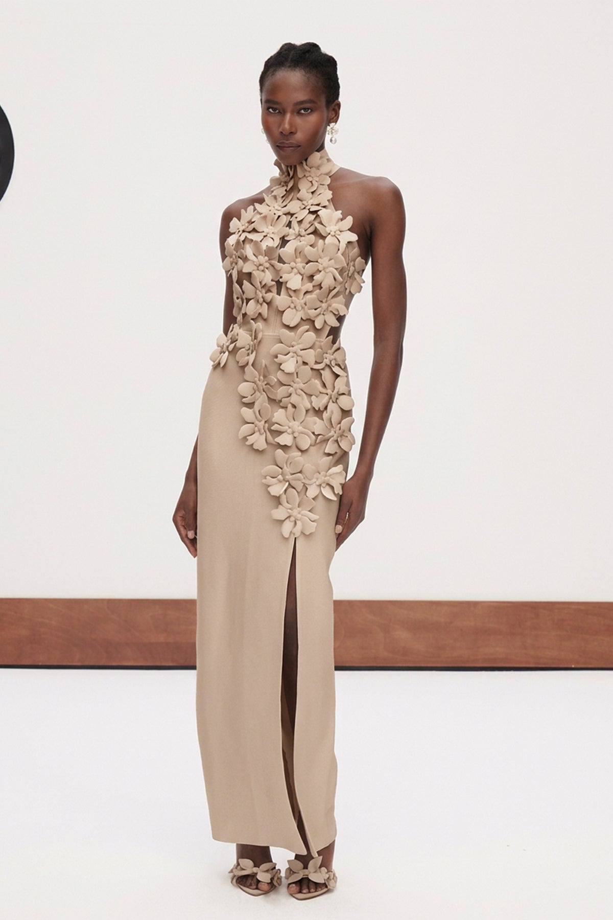 Kira Halter Neck Flower Split Maxi Dress In Apricot