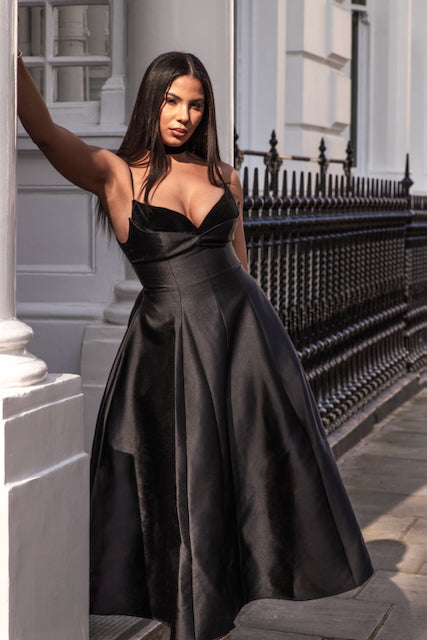 Roxane black pleated flared midi dress