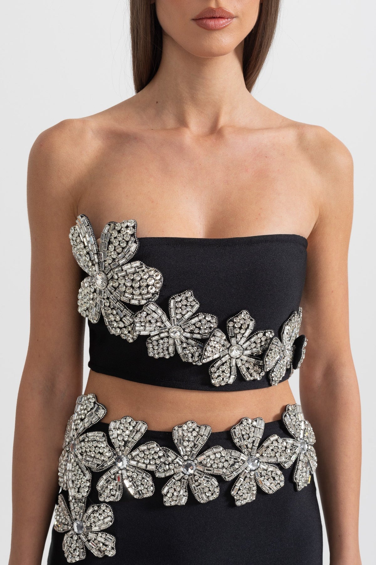 DIAMOND FLOWER ACCENT 2 PIECE SET WITH STRAPLESS TOP AND MAXI SKIRT - BLACK