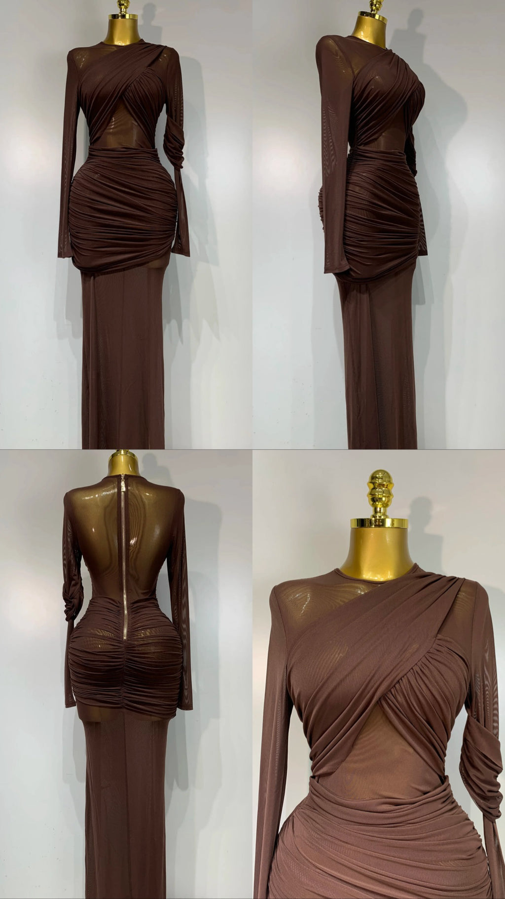 Long Sleeve Mesh Insert Draped Maxi Dress Brown