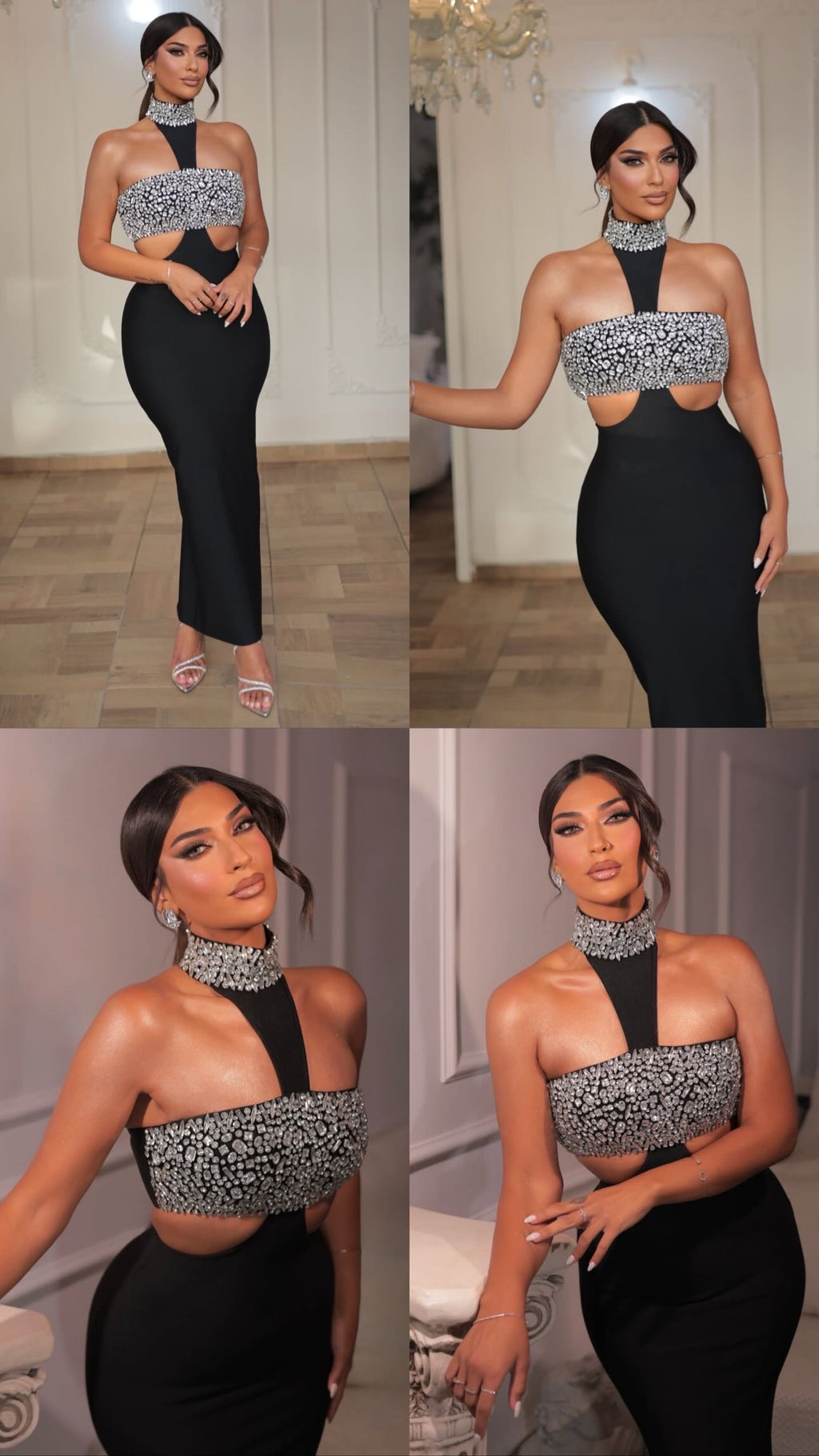 Long black dress with rhinestones and a bare back