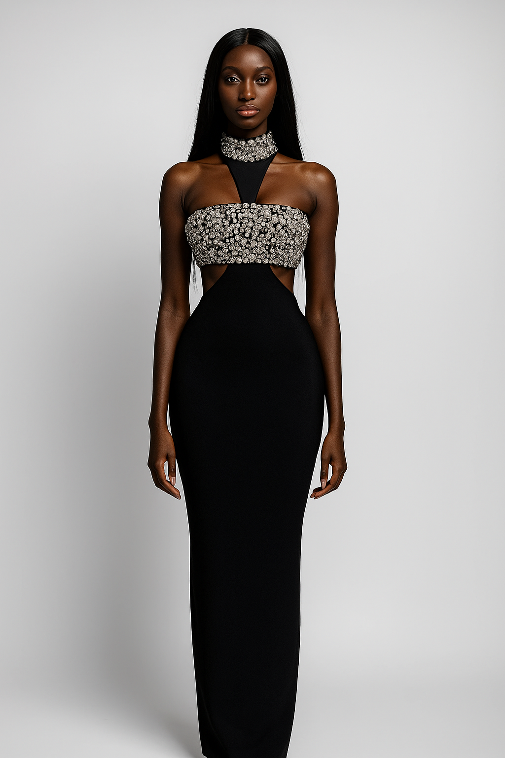 Long black dress with rhinestones and a bare back