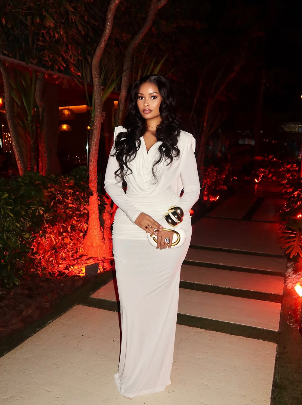 Cowl Neck Long Sleeve Draped Gown