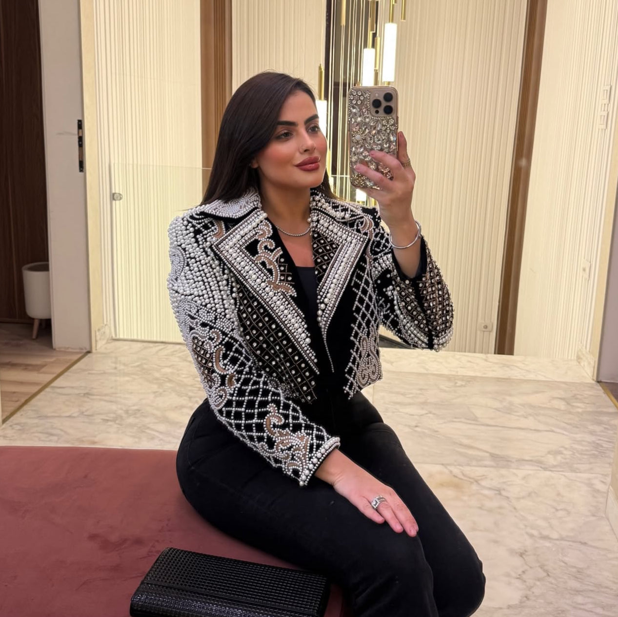 Luxury Pearl Beaded Women's Blazer Embellishments Wedding Prom Shawl Lapel Formal Party Suit Jacket