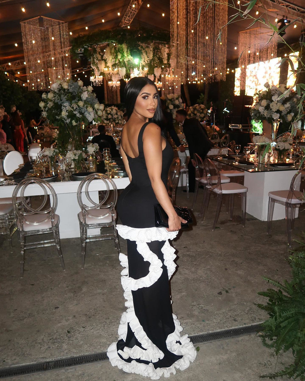 Ruffle Mesh Maxi Dress Black White