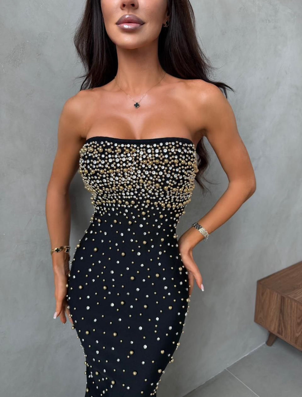 Bandage black dress with crystal and gold embroidery and a chiffon neck scarf