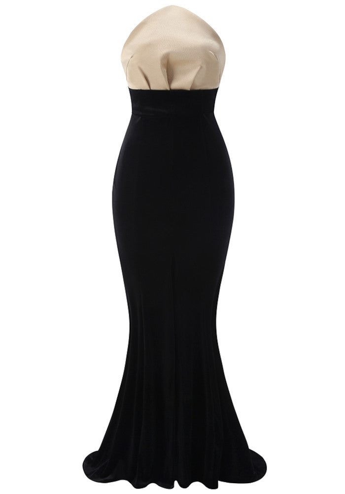Strapless Mermaid Maxi Velvet Dress Black Ivory