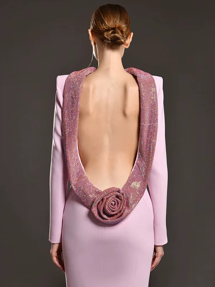 Long Sleeve Backless Crystal Flower Maxi Dress Lavender