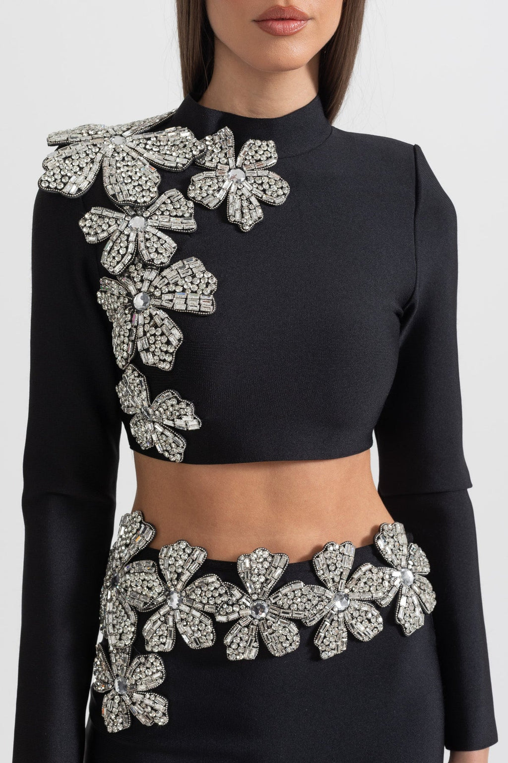 Black Diamond Flower Accent 2 Piece Set With Long Sleeves Top And Maxi Skirt