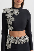 Black Diamond Flower Accent 2 Piece Set With Long Sleeves Top And Maxi Skirt