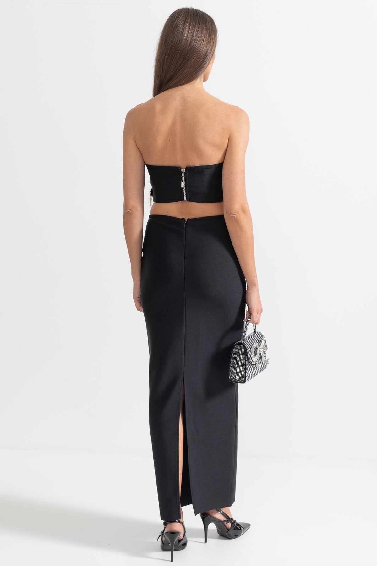 DIAMOND FLOWER ACCENT 2 PIECE SET WITH STRAPLESS TOP AND MAXI SKIRT - BLACK