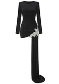 Long Sleeve Crystal Detail Draped Dress Black