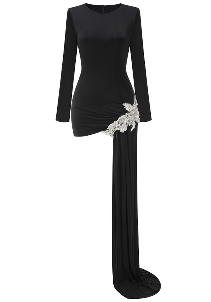 Long Sleeve Crystal Detail Draped Dress Black