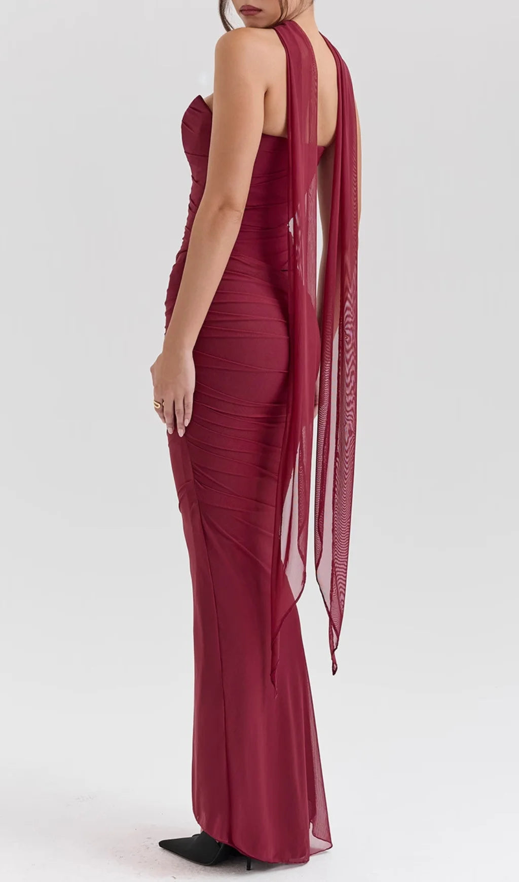 Barbie Wine Corset Top Fluted Hem Maxi Dress