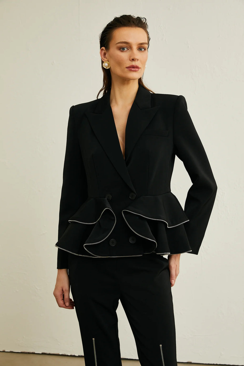Élise black zip-detail jacket & trousers matching set