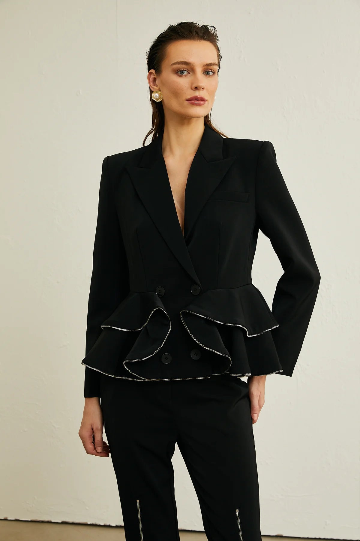 Élise black zip-detail jacket & trousers matching set